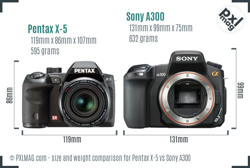 Pentax X-5 vs Sony A300 size comparison