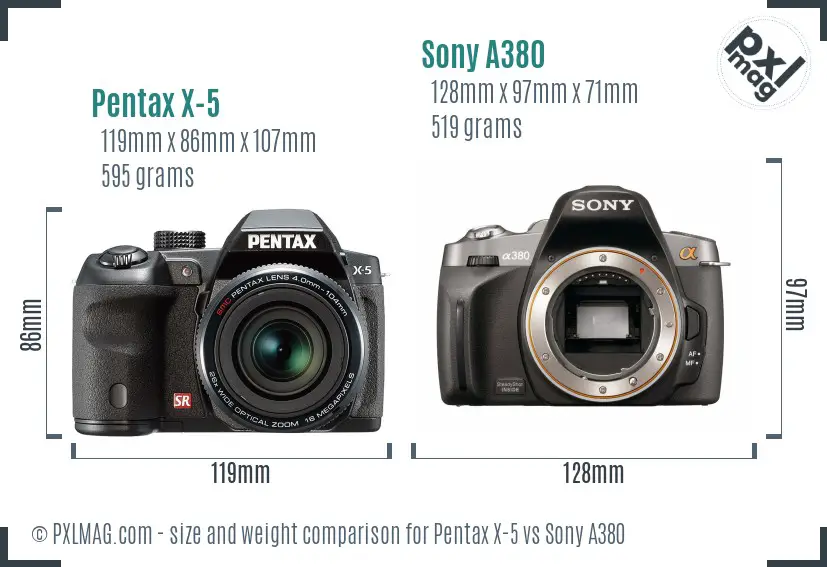 Pentax X-5 vs Sony A380 size comparison