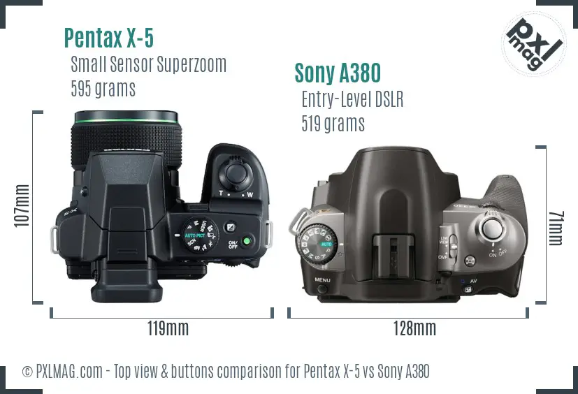 Pentax X-5 vs Sony A380 top view buttons comparison