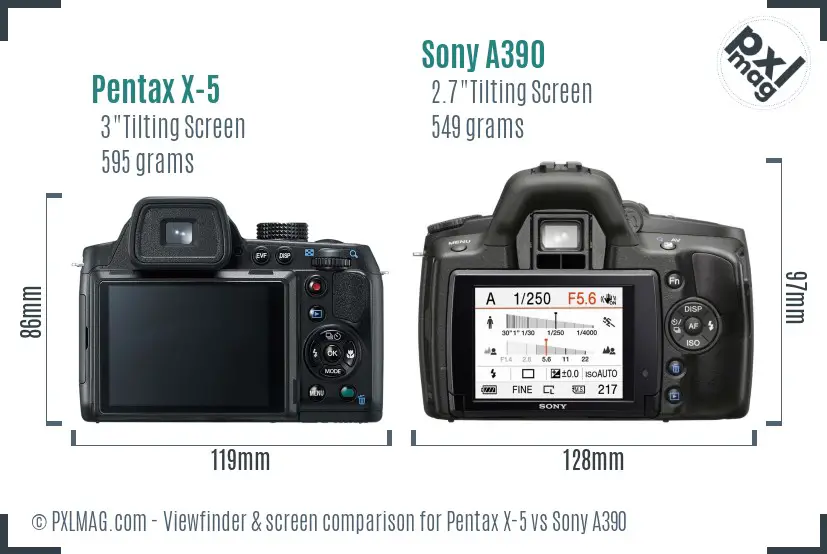 Pentax X-5 vs Sony A390 Screen and Viewfinder comparison