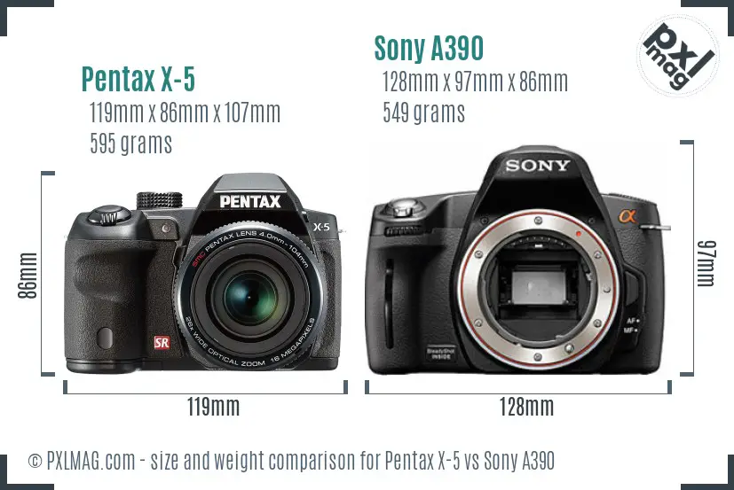 Pentax X-5 vs Sony A390 size comparison