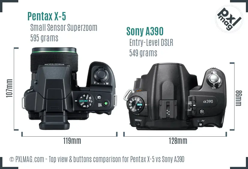 Pentax X-5 vs Sony A390 top view buttons comparison