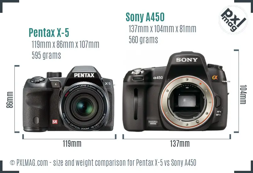 Pentax X-5 vs Sony A450 size comparison