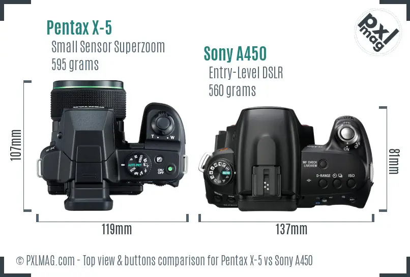 Pentax X-5 vs Sony A450 top view buttons comparison
