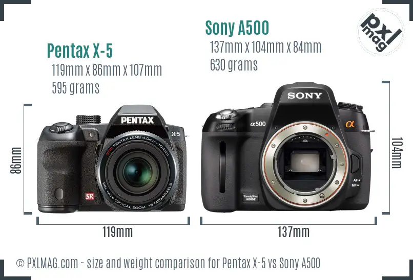 Pentax X-5 vs Sony A500 size comparison