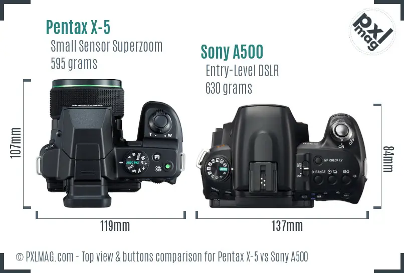 Pentax X-5 vs Sony A500 top view buttons comparison