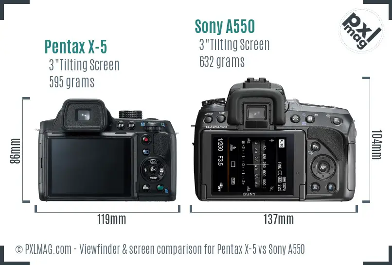 Pentax X-5 vs Sony A550 Screen and Viewfinder comparison