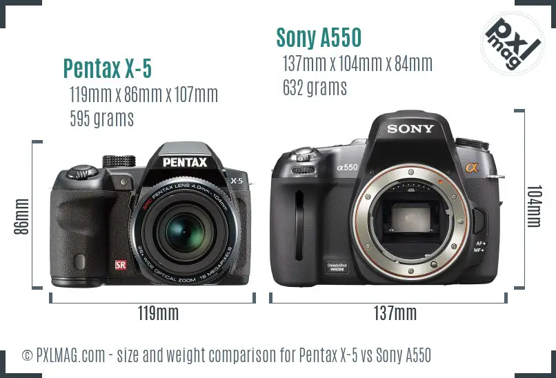 Pentax X-5 vs Sony A550 size comparison
