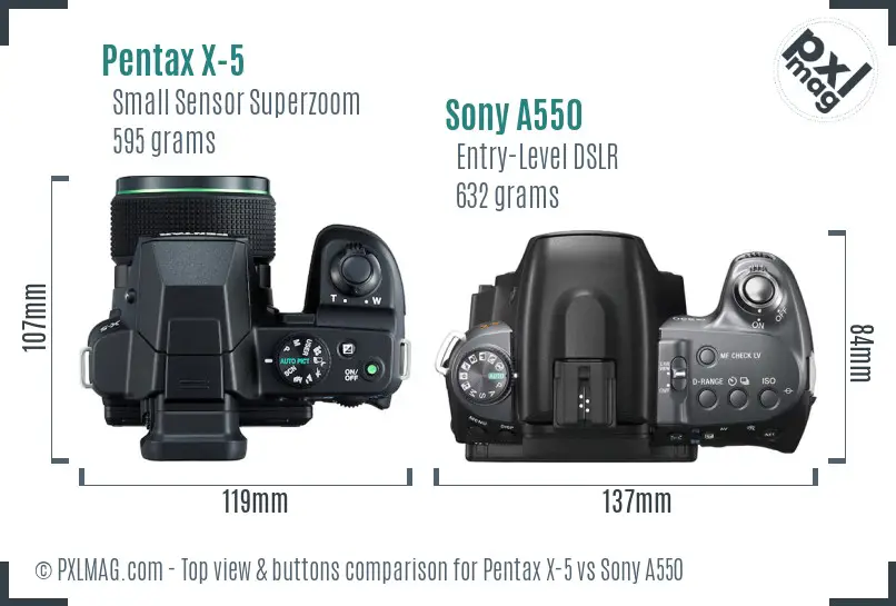 Pentax X-5 vs Sony A550 top view buttons comparison