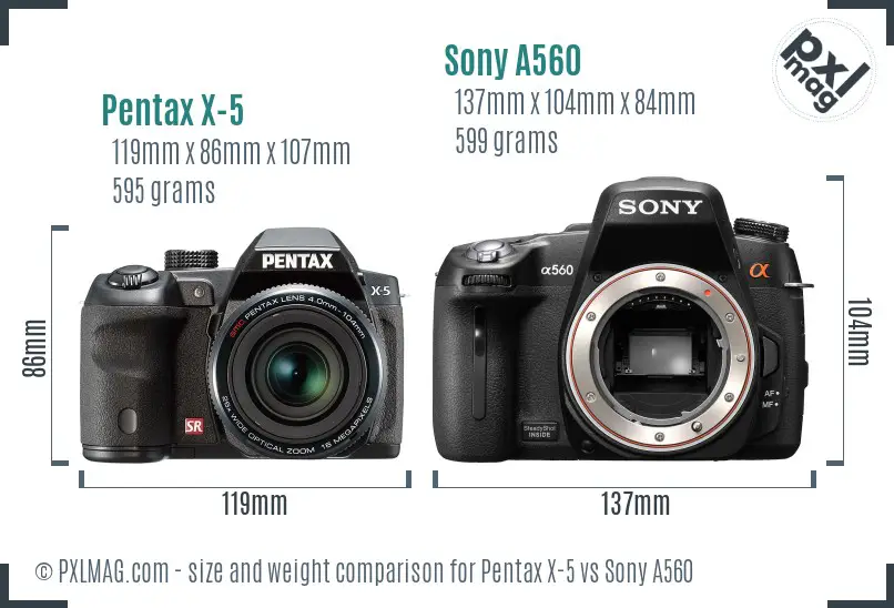 Pentax X-5 vs Sony A560 size comparison