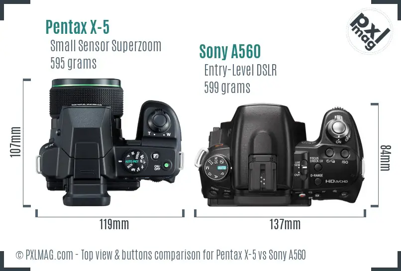 Pentax X-5 vs Sony A560 top view buttons comparison