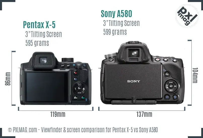 Pentax X-5 vs Sony A580 Screen and Viewfinder comparison