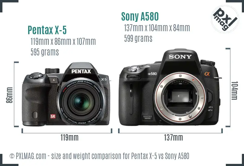 Pentax X-5 vs Sony A580 size comparison