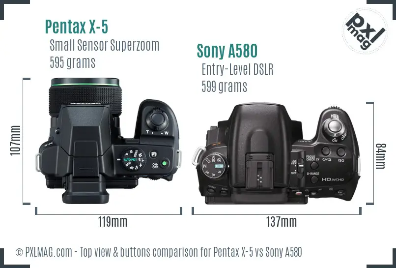 Pentax X-5 vs Sony A580 top view buttons comparison