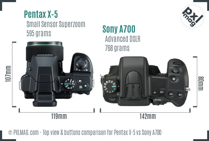 Pentax X-5 vs Sony A700 top view buttons comparison