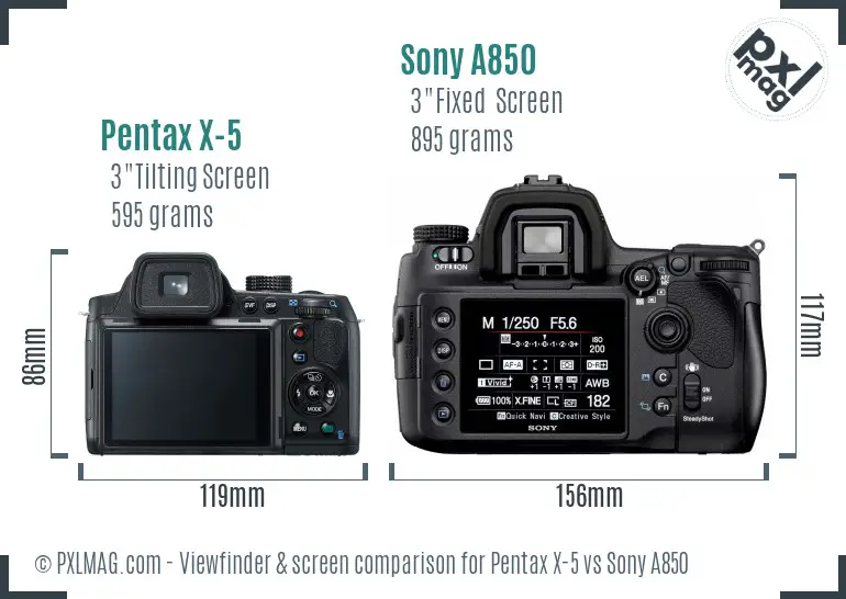 Pentax X-5 vs Sony A850 Screen and Viewfinder comparison