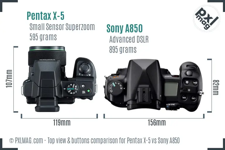 Pentax X-5 vs Sony A850 top view buttons comparison