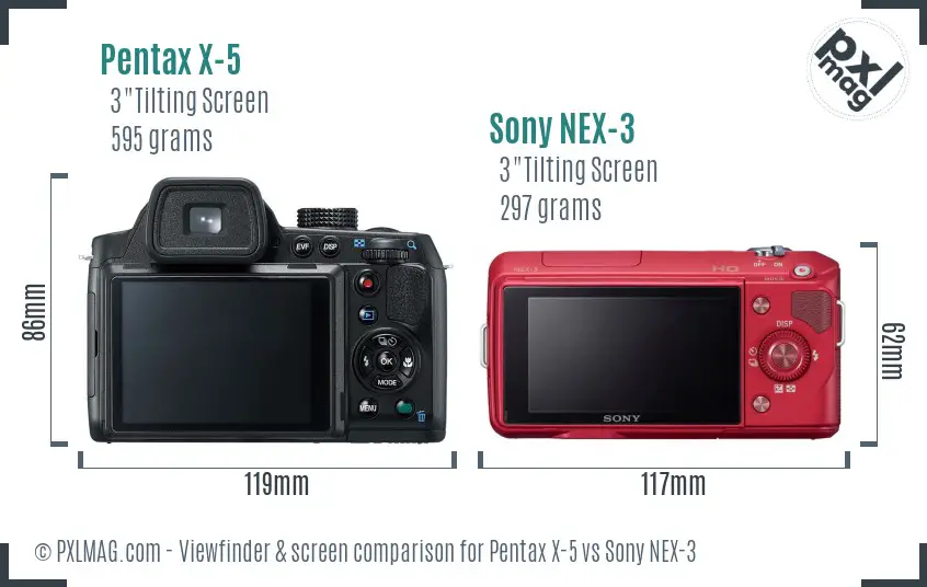 Pentax X-5 vs Sony NEX-3 Screen and Viewfinder comparison