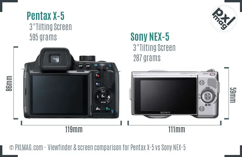 Pentax X-5 vs Sony NEX-5 Screen and Viewfinder comparison