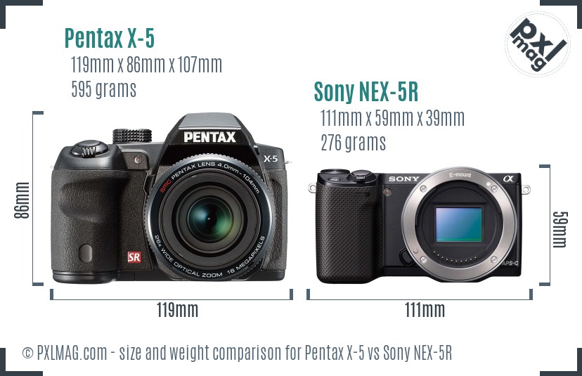 Pentax X-5 vs Sony NEX-5R size comparison