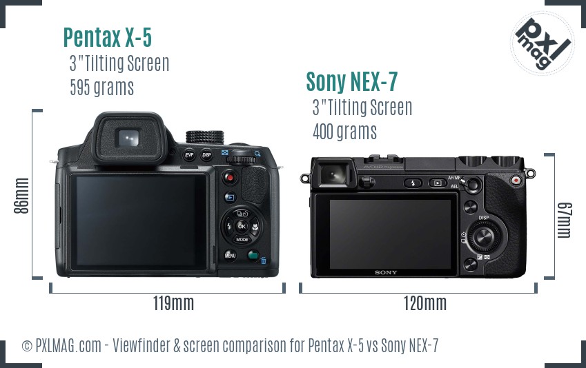 Pentax X-5 vs Sony NEX-7 Screen and Viewfinder comparison