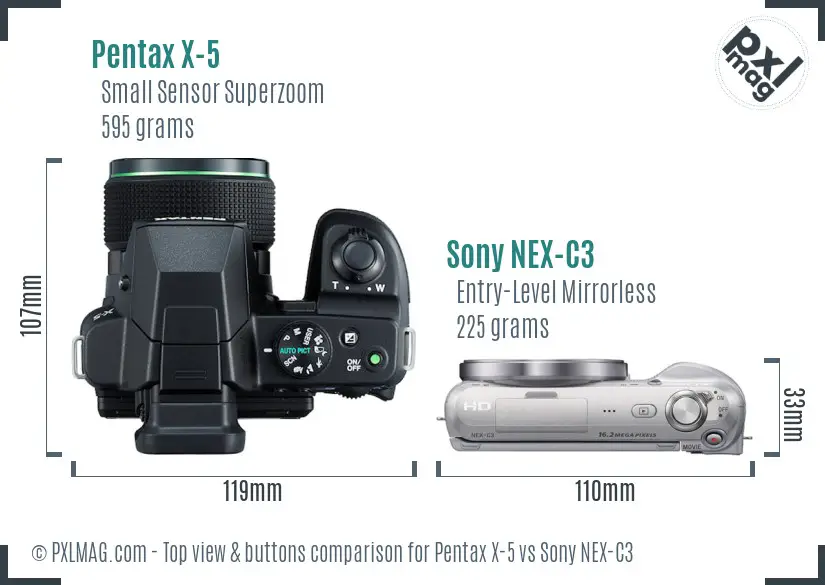 Pentax X-5 vs Sony NEX-C3 top view buttons comparison