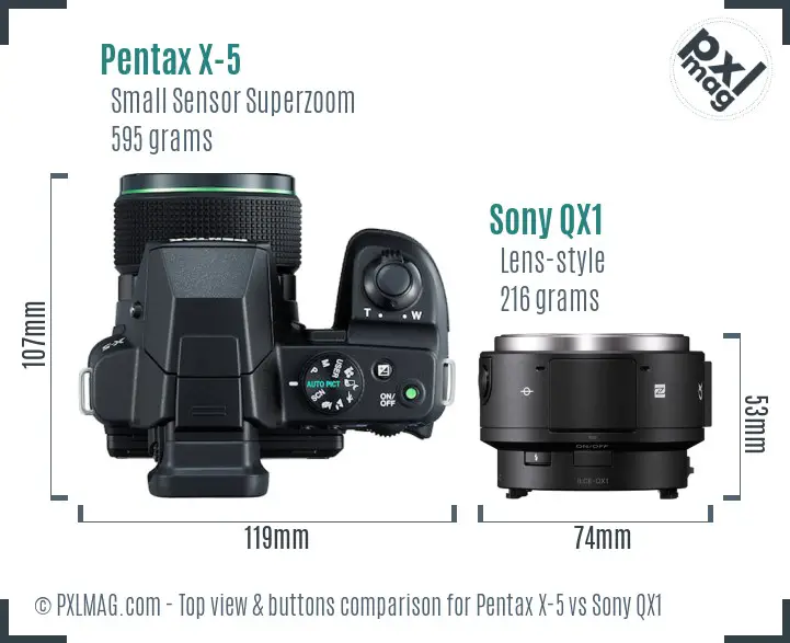 Pentax X-5 vs Sony QX1 top view buttons comparison