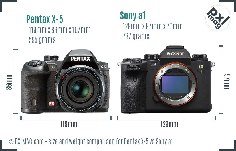 Pentax X-5 vs Sony a1 size comparison