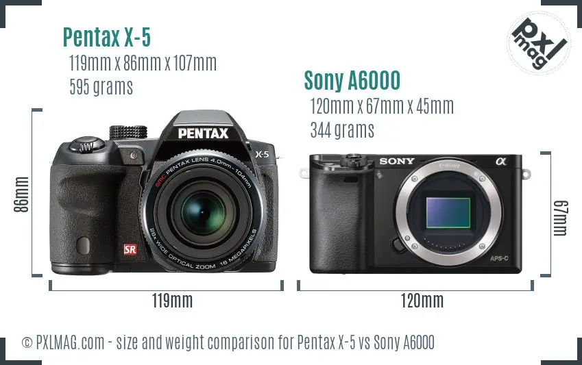 Pentax X-5 vs Sony A6000 size comparison