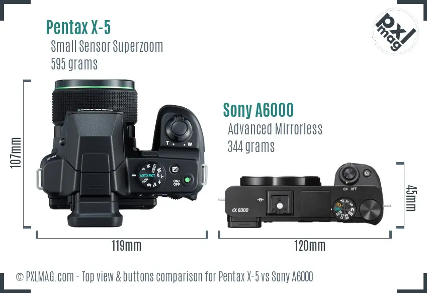 Pentax X-5 vs Sony A6000 top view buttons comparison