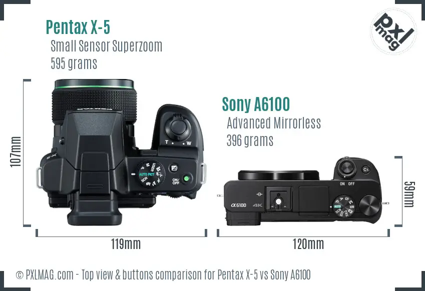 Pentax X-5 vs Sony A6100 top view buttons comparison