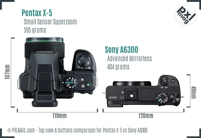 Pentax X-5 vs Sony A6300 top view buttons comparison