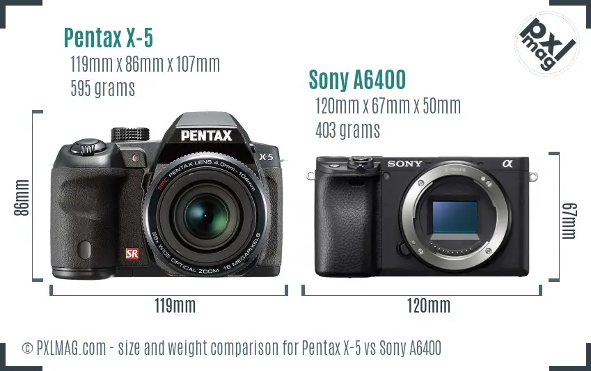 Pentax X-5 vs Sony A6400 size comparison