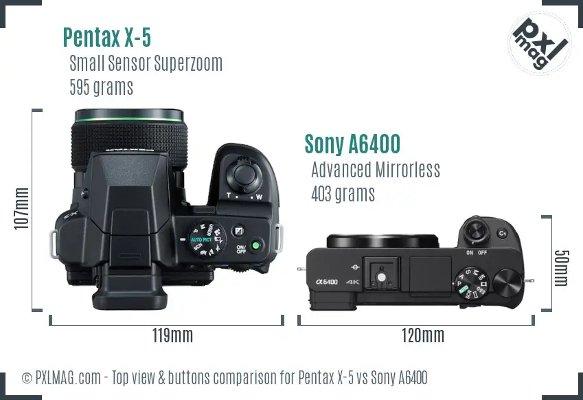 Pentax X-5 vs Sony A6400 top view buttons comparison