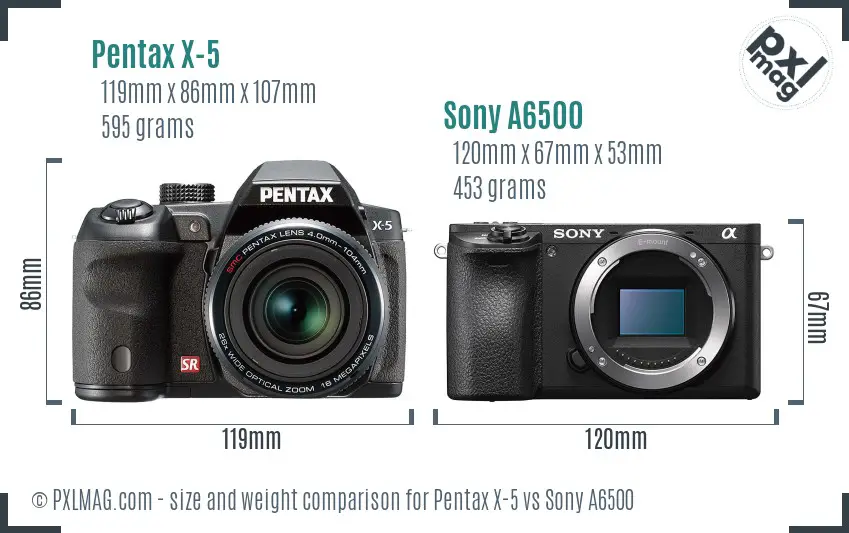 Pentax X-5 vs Sony A6500 size comparison