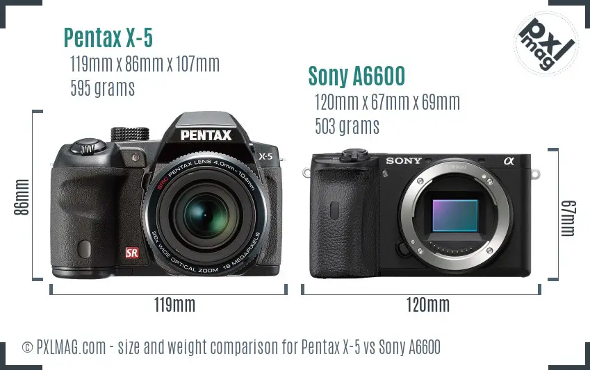 Pentax X-5 vs Sony A6600 size comparison