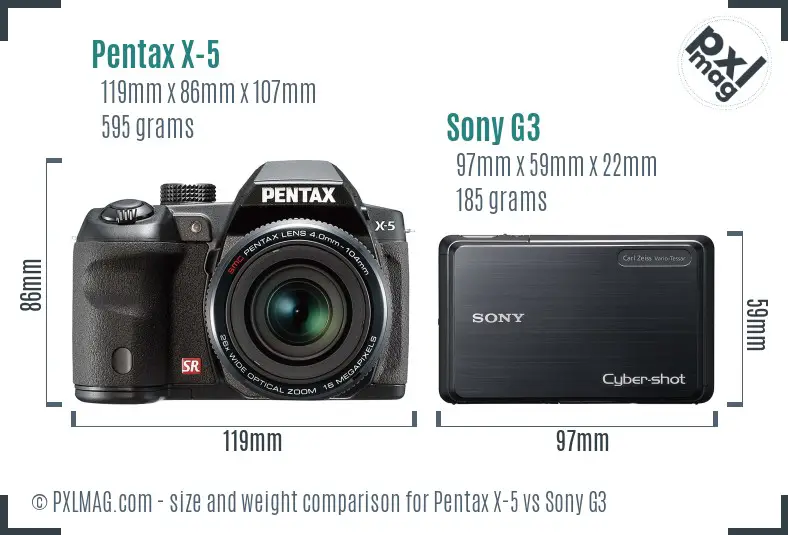 Pentax X-5 vs Sony G3 size comparison