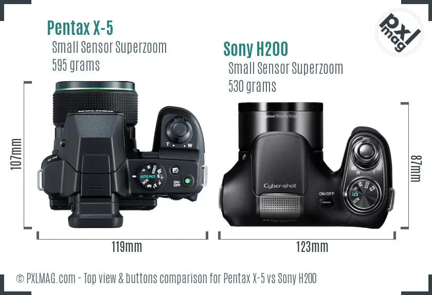 Pentax X-5 vs Sony H200 top view buttons comparison Pentax X-5 vs Sony H200 top view buttons comparison