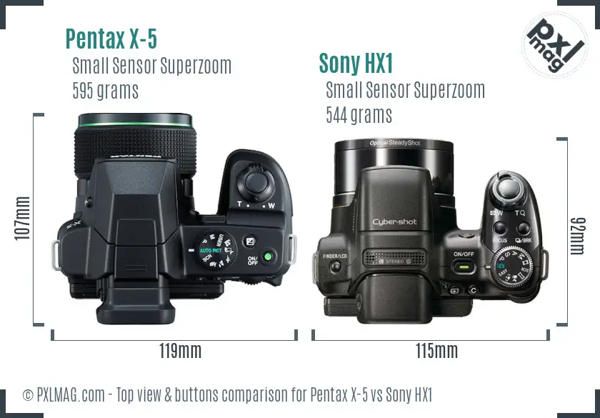 Pentax X-5 vs Sony HX1 top view buttons comparison