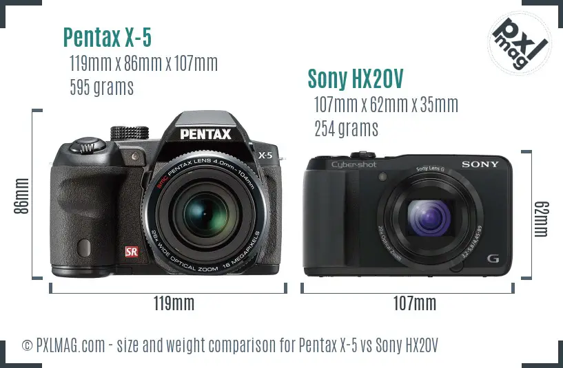 Pentax X-5 vs Sony HX20V size comparison