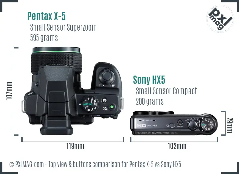 Pentax X-5 vs Sony HX5 top view buttons comparison