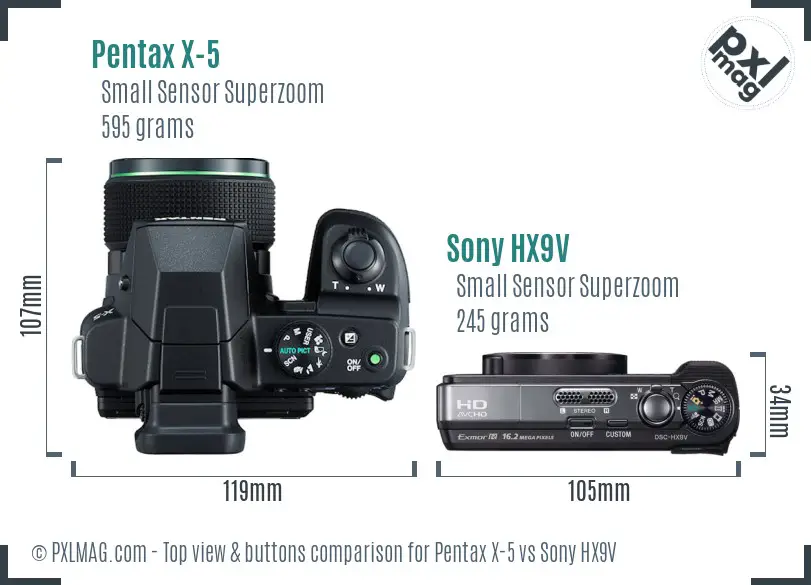 Pentax X-5 vs Sony HX9V top view buttons comparison