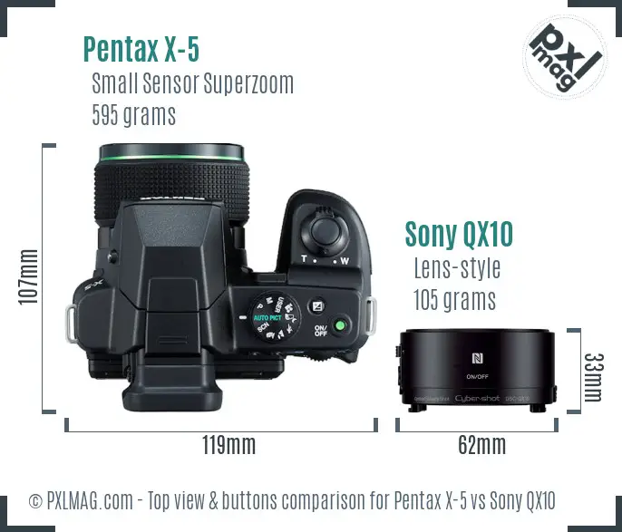 Pentax X-5 vs Sony QX10 top view buttons comparison