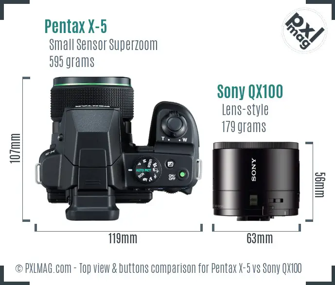 Pentax X-5 vs Sony QX100 top view buttons comparison