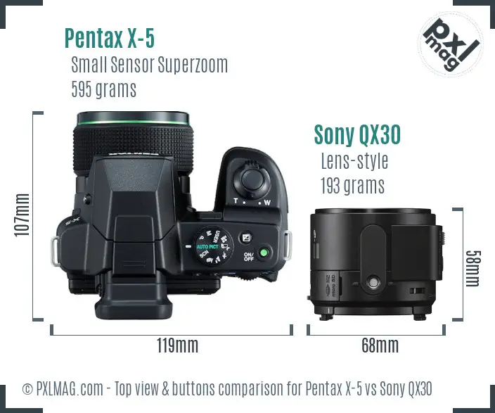 Pentax X-5 vs Sony QX30 top view buttons comparison Pentax X-5 vs Sony QX30 top view buttons comparison