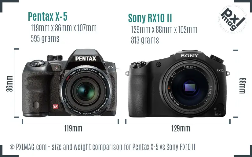 Pentax X-5 vs Sony RX10 II size comparison