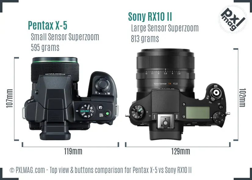 Pentax X-5 vs Sony RX10 II top view buttons comparison