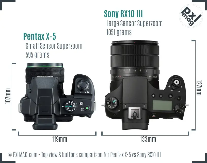 Pentax X-5 vs Sony RX10 III top view buttons comparison