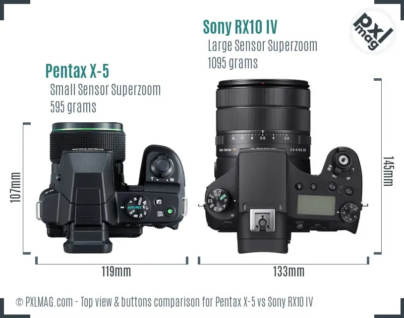Pentax X-5 vs Sony RX10 IV top view buttons comparison