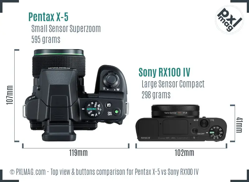Pentax X-5 vs Sony RX100 IV top view buttons comparison Pentax X-5 vs Sony RX100 IV top view buttons comparison